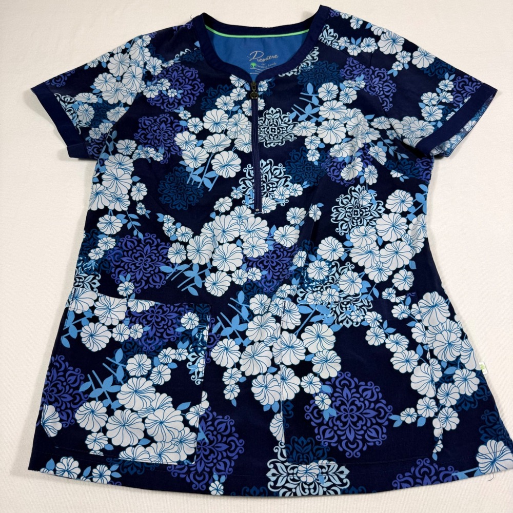Healing Hands Premiere Scrub Top M Navy Blue Floral Mandala Quarter Zip STRETCHY